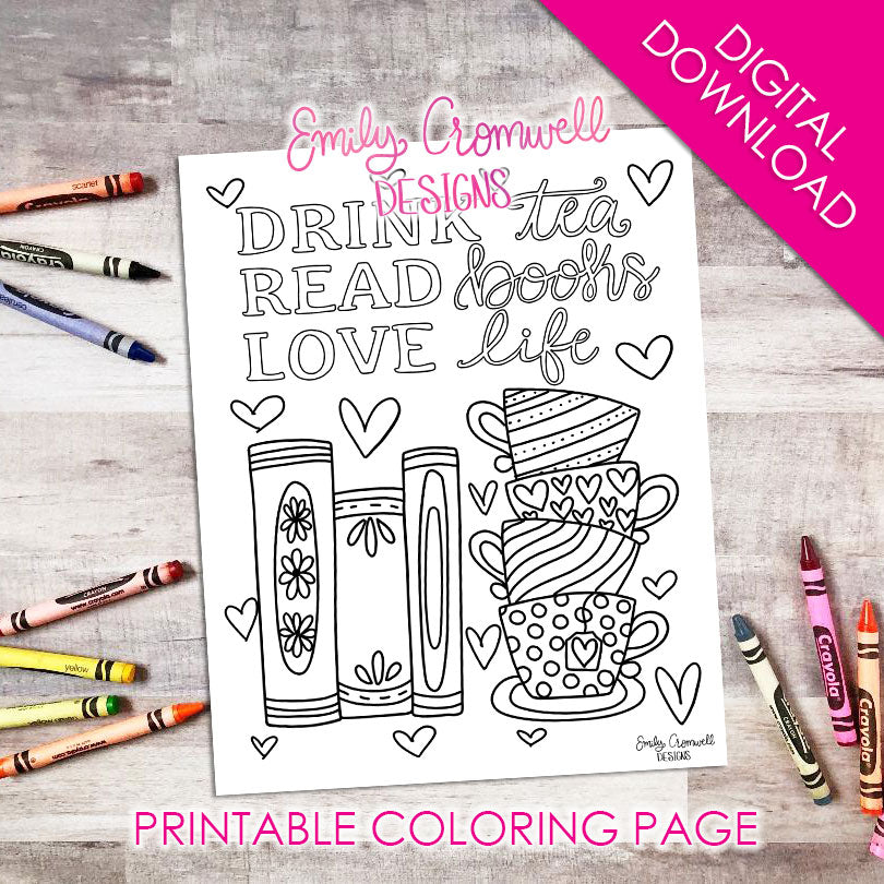 Drink Tea Read Books Love Life Coloring Page JPEG (Digital Download ...