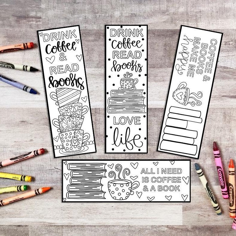Tea and Books Bookmarks (4 Printable Coloring Bookmarks-Digital